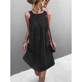 Solid Fold Pleated Keyhole Back Dress