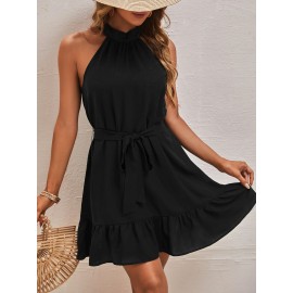 Keyhole Back Ruffle Hem Belted Halter Dress