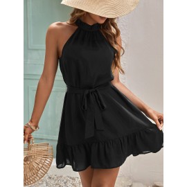 Keyhole Back Ruffle Hem Belted Halter Dress