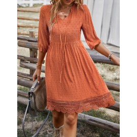 Swiss Dot Tie Neck Guipure Lace Hem Dress