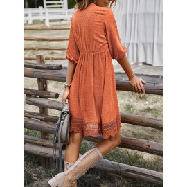 Swiss Dot Tie Neck Guipure Lace Hem Dress