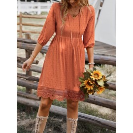 Swiss Dot Tie Neck Guipure Lace Hem Dress