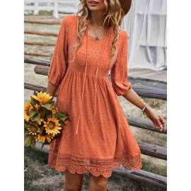 Swiss Dot Tie Neck Guipure Lace Hem Dress