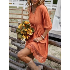 Swiss Dot Tie Neck Guipure Lace Hem Dress