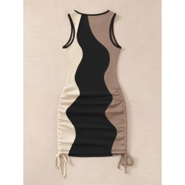 Drawstring Side Color Block Bodycon Tank Dress