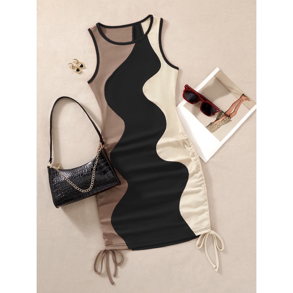 Drawstring Side Color Block Bodycon Tank Dress