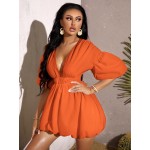 Deep V Neck Puff Sleeve Dress