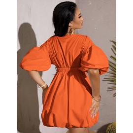 Deep V Neck Puff Sleeve Dress