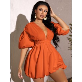 Deep V Neck Puff Sleeve Dress