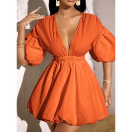 Deep V Neck Puff Sleeve Dress