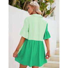 Two Tone Flounce Sleeve Ruffle Hem Smock Dress