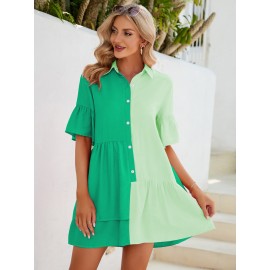 Two Tone Flounce Sleeve Ruffle Hem Smock Dress