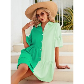 Two Tone Flounce Sleeve Ruffle Hem Smock Dress