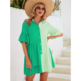 Two Tone Flounce Sleeve Ruffle Hem Smock Dress