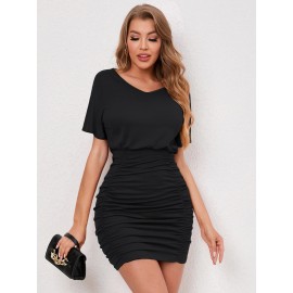 Solid Batwing Sleeve Ruched Dress