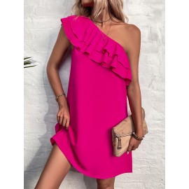 One Shoulder Layered Ruffle Trim Tunic Dress