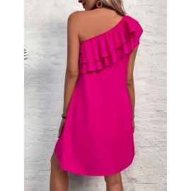 One Shoulder Layered Ruffle Trim Tunic Dress