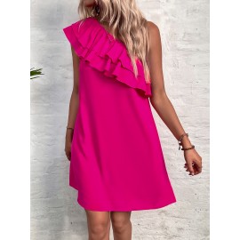 One Shoulder Layered Ruffle Trim Tunic Dress