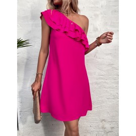 One Shoulder Layered Ruffle Trim Tunic Dress