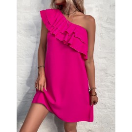 One Shoulder Layered Ruffle Trim Tunic Dress