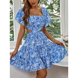 Floral Print Cut Out Ruffle Hem Dress