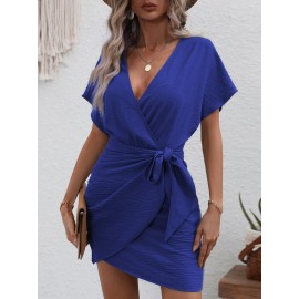 Dolman Sleeve Overlap Collar Wrap Hem Tie Front Dress