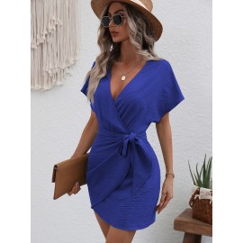 Dolman Sleeve Overlap Collar Wrap Hem Tie Front Dress