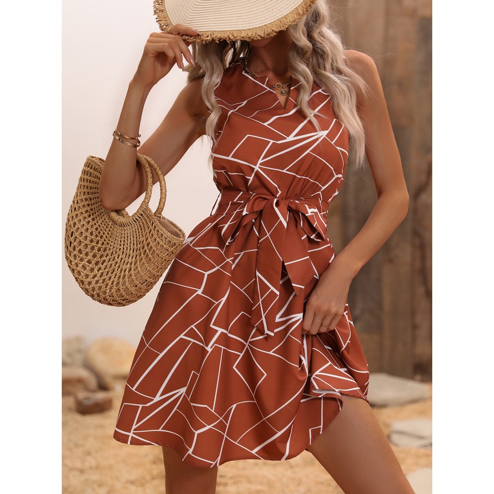 Geo Print Notched Neck Belted Dress