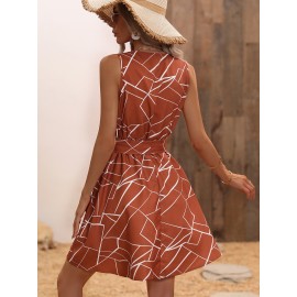 Geo Print Notched Neck Belted Dress