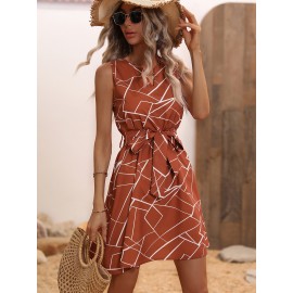 Geo Print Notched Neck Belted Dress