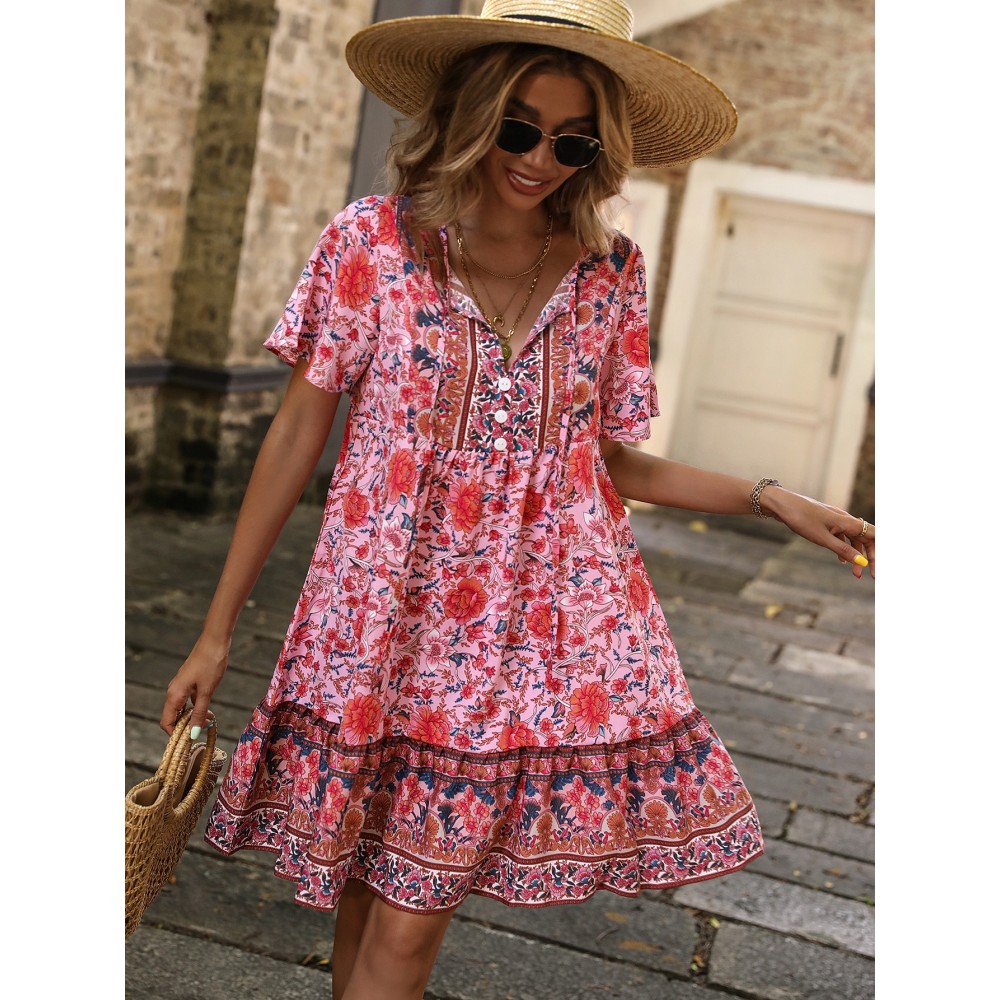 Floral Print Tie Neck Smock Dress