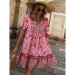 Floral Print Tie Neck Smock Dress