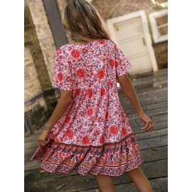 Floral Print Tie Neck Smock Dress