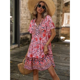 Floral Print Tie Neck Smock Dress