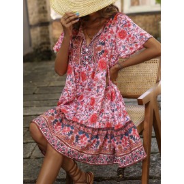 Floral Print Tie Neck Smock Dress