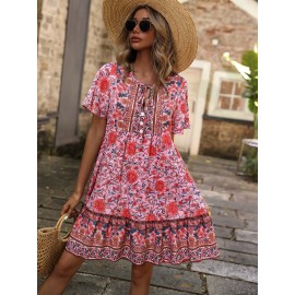 Floral Print Tie Neck Smock Dress