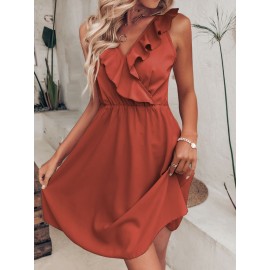 Solid Ruffle Trim Sleeveless Dress