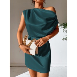 Asymmetrical Neck Satin Dress