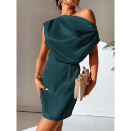 Asymmetrical Neck Satin Dress