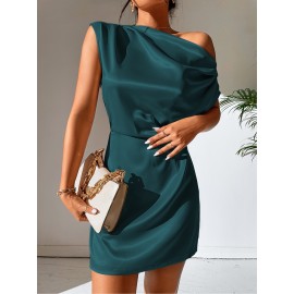 Asymmetrical Neck Satin Dress