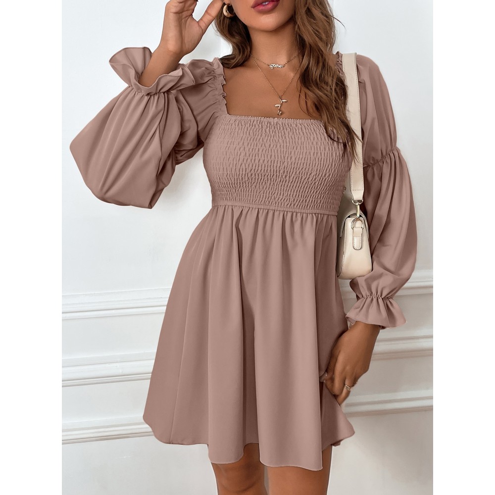 Gathered Sleeve Square Neck Shirred Bodice Dress