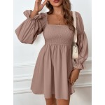 Gathered Sleeve Square Neck Shirred Bodice Dress