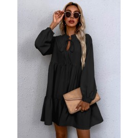 Tie Neck Lantern Sleeve Smock Dress