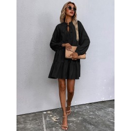 Tie Neck Lantern Sleeve Smock Dress