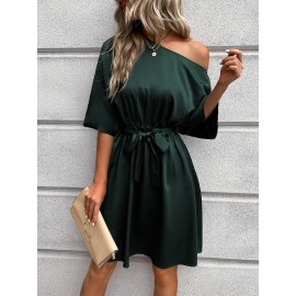 Asymmetrical Neck Belted Dress