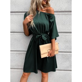 Asymmetrical Neck Belted Dress