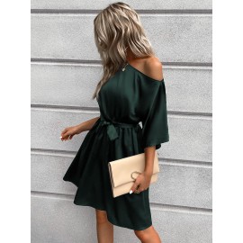 Asymmetrical Neck Belted Dress