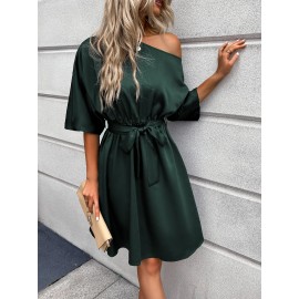 Asymmetrical Neck Belted Dress