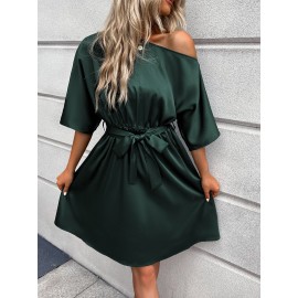 Asymmetrical Neck Belted Dress