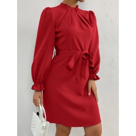 Solid Mock Neck Flounce Sleeve Belted Dress